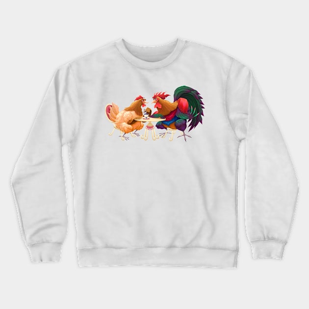 Hen and rooster in a cafe Crewneck Sweatshirt by ddraw